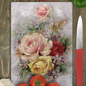 Vintage Style Roses Art Decorative Glass Cutting Board|Kitchen Decor|Home Decor- 11 x15 inches