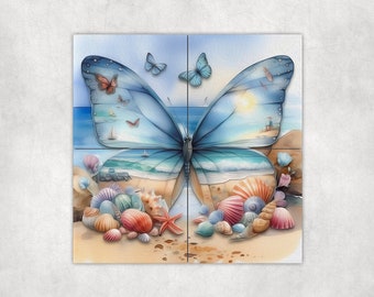 Watercolor Beach Butterfly Art Loose Tile Mural - 3 sizes Available.