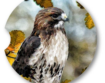 Oil Painted Style Red Tail Hawk Art Car Coasters Bird Lovers - Matching Pair - Set of 2
