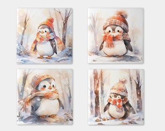 Cute Penguin Art Decorative Ceramic Tile Set, Coaster Set or Magnet Set - Available in 5 sizes - Set of 4