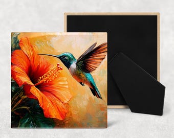 Watercolor Hummingbird Art Decorative Ceramic Tile with Optional Easel Back - Available in 3 Sizes