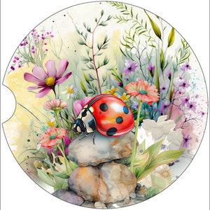 Watercolor Ladybug and Wildflowers Art Car Coasters - Matching Pair - Set of 2