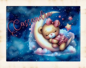 Personalized Sleeping Bear Art Decorative Ceramic Tile - Girls or Boys -  with optional Easel Back - 6x8 inches