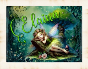 Personalized Sleeping Fairy Art Decorative Ceramic Tile with optional Easel Back - 6x8 inches