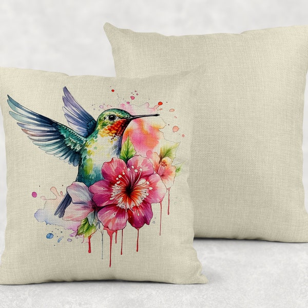 Watercolor Hummingbird Art Linen Throw Pillow