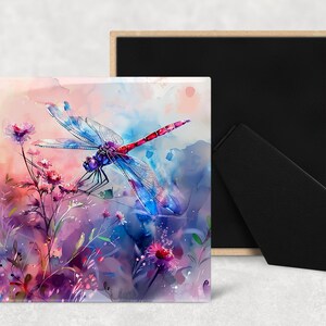 Watercolor Dragonfly Art Decorative Ceramic Tile with Optional Easel Back - Available in 3 Sizes