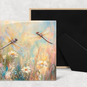 Watercolor Dragonfly Art Decorative Ceramic Tile with Optional Easel Back - Available in 3 Sizes