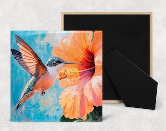 Watercolor Hummingbird Art Decorative Ceramic Tile with Optional Easel Back - Available in 3 Sizes