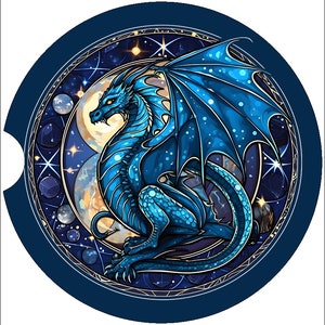Stained Glass Blue Dragon Art Car Coasters  - Matching Pair - Set of 2