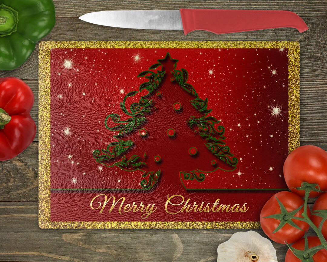 Merry Christmas Holiday Tree Cutout Glass Cutting Board 11 X15 Inches ...