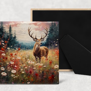 Watercolor Deer on Wood Texture Art Decorative Ceramic Tile with Optional Easel Back - Available in 3 Sizes