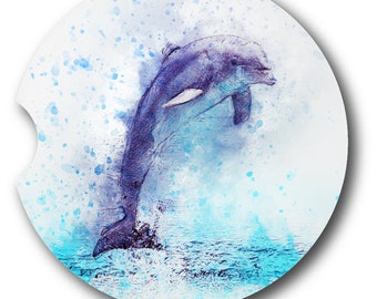 A PAIR OF BRAND NEW " DOLPHINS " STYLE ABSORBENT STONE CAR COASTERS  made in USA 