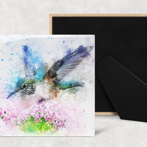 Watercolor Hummingbird Art Decorative Ceramic Tile with Optional Easel Back - Available in 3 Sizes