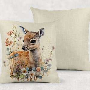 Watercolor Floral Baby Deer Linen Throw Pillow Sham