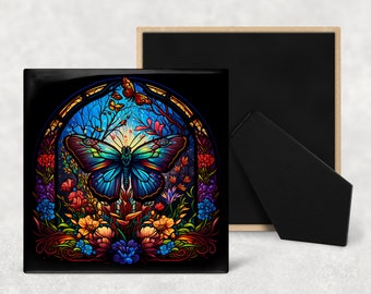 Stained Glass Butterfly Art Decorative Ceramic Tile with Optional Easel Back - Available in 3 Sizes