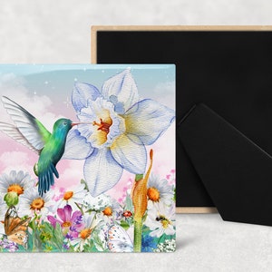 Hummingbird and Wildflowers Art Decorative Ceramic Tile with Optional Easel Back - Available in 3 Sizes