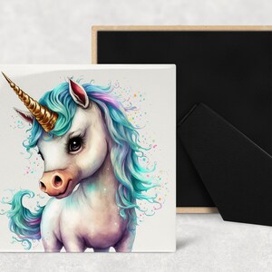 Cute Baby Unicorn Art Decorative Ceramic Tile with Optional Easel Back - Available in 3 Sizes