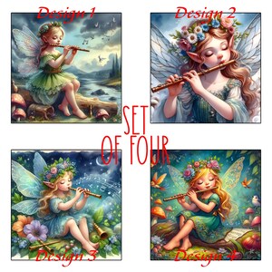 May include: Set of four fantasy art prints featuring fairies playing flutes. Each fairy has delicate wings, floral crowns, and flowing dresses in shades of green and blue. The backgrounds include forests, rivers, and musical notes.