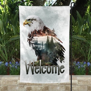 Watecolor Bald Eagle Art White Garden Flag