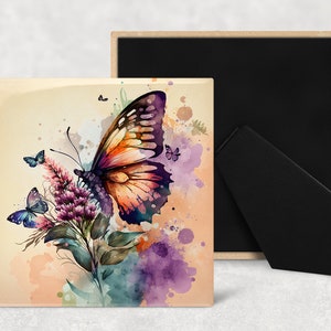 May include: A watercolor painting of a butterfly with orange, black, and purple wings. The butterfly is perched on a purple flower with green leaves. The background is a soft yellow with purple and orange watercolor splatters.