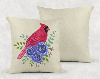 15.75 Inch Cardinal and Flowers Art Linen Throw Pillow