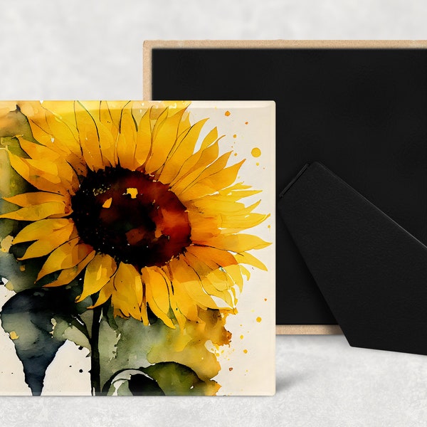 Sunflowers Art Decorative Ceramic Tile Set with Optional Easel Back , Magnet or Sandstone Coasters - Available in 5 Sizes - Set of 4