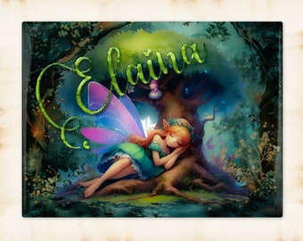 Personalized Sleeping Fairy Art Decorative Ceramic Tile with optional Easel Back - 6x8 inches