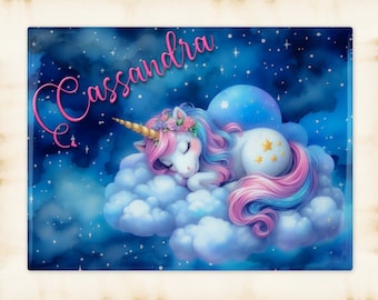 Personalized Sleeping Unicorn Art Decorative Ceramic Tile with optional Easel Back - 6x8 inches