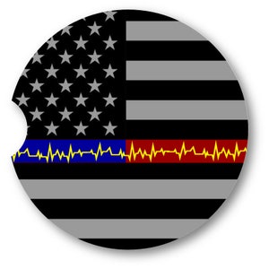 Split Thin Red Line/Blue Line with Yellow Heartbeat Car Coasters|Matching Pair - Matching Pair - Set of 2