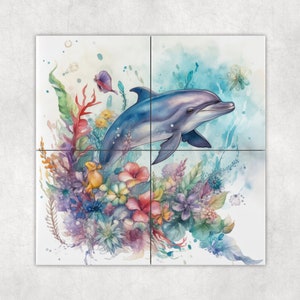 May include: A watercolor painting of a dolphin swimming through a colorful underwater scene. The dolphin is blue and gray, and the scene is filled with pink, purple, and yellow flowers.