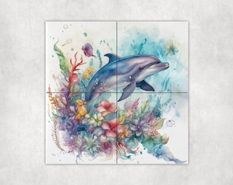 Watercolor Dolphin Art Loose Tile Mural - 3 sizes Available.