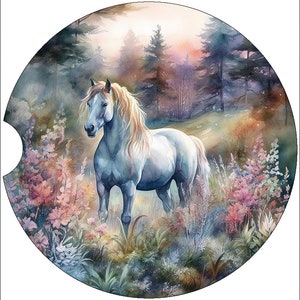 Watercolor White Horse Art Car Coasters - Matching Pair - Set of 2