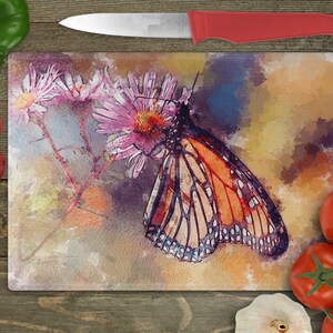 Painted Look Monarch Butterfly Glass Cutting Board|Kitchen Decor|Home Decor|Butterfly Decor|Monarch Art- 11.927&quot; x 14.75&quot; x 1/8&quot;