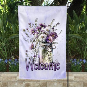 Welcome Purple Asters Floral Jar Art White Garden Flag
