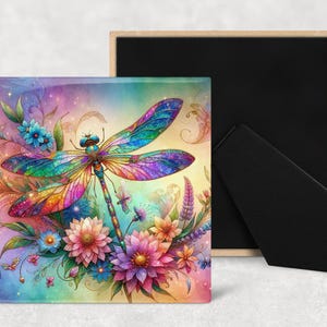 May include: A colorful dragonfly art print with a vibrant watercolor design. The dragonfly has iridescent wings and is surrounded by flowers in shades of pink, blue, and purple. The print is displayed in a wooden frame.