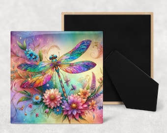 Watercolor Dragonfly Art Decorative Ceramic Tile with Optional Easel Back - Available in 3 Sizes