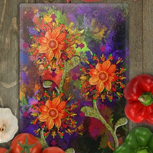 Abstract Flowers Glass Cutting Board|Kitchen Decor|Home Decor|Flower Art- 11.927" x 14.75" x 1/8"