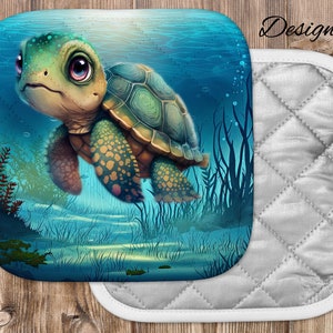 May include: A square pot holder featuring a cartoon sea turtle swimming underwater. The turtle has a green shell and large eyes. The pot holder has a white quilted backing and a loop for hanging. The words "Design 1" are in the upper right corner.