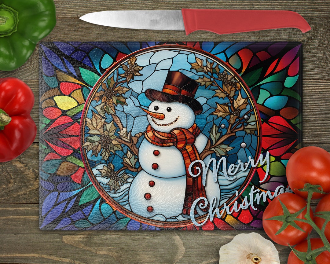 Merry Christmas Stained Glass Snowman Art Glass Cutting Board 11 X15 ...