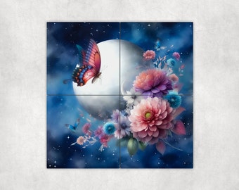 Watercolor Butterfly and Moon Art Loose Tile Mural - 3 sizes Available.