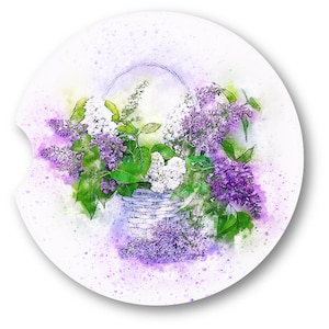 Watercolor Style Lilac Flower Basket Art Car Coasters - Matching Pair - Set of 2