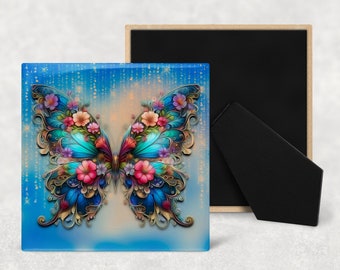 Watercolor Butterflies Art Decorative Ceramic Tile with Optional Easel Back - Available in 3 Sizes