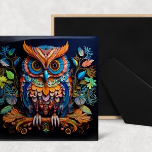 May include: A colorful owl with intricate details, surrounded by floral patterns, on a dark blue background.