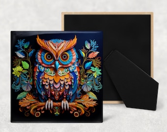 3D Owl Art Decorative Ceramic Tile with Optional Easel Back - Available in 3 Sizes