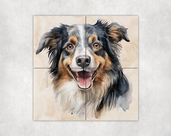 Watercolor Australian Shepherd Art Loose Tile Mural - 3 sizes Available.