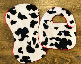 Baby Bib & Burp cloth Set - Black White Cow Print with Red Paisley Backing - western country - contoured burpcloth - minky - red back