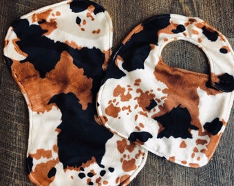 Western Baby Bib & Burp cloth Set - Pony Cow Print - contoured burpcloth - minky