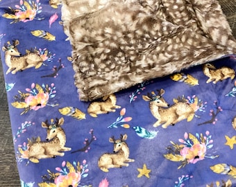 IN STOCK! Ready to ship! Periwinkle Blue Purple Girl Deer Buck Fawn Print Baby Boy Blanket with Deer Fawn Print back - minky