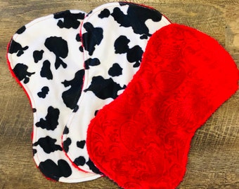 Set of 3 Western Country Black White Cow print Baby Burp cloths with Red Paisley Back - contoured - minky - burp cloth