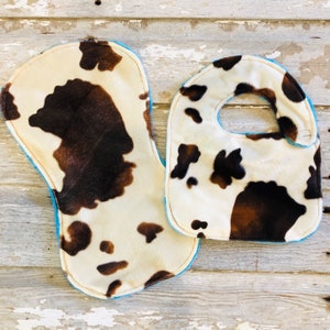 Western Baby Bib & Burp cloth Set - pony cow Print with Blue Teal Backing - contoured burpcloth - minky - blue teal back